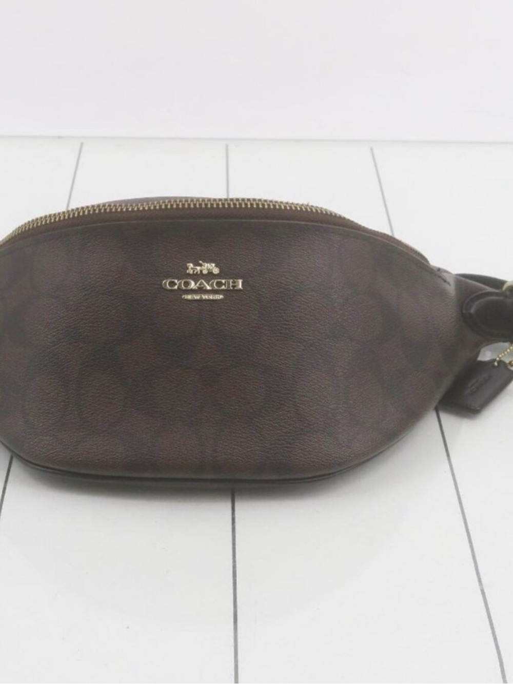 Coach Brown Logo Print Leather Belt Bag with Gold Hardware
